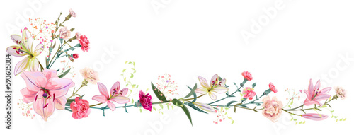 Panoramic view: bouquet of carnation, lilies, spring blossom. Horizontal border for Mothers Day or wedding invitation. Gentle realistic  in watercolor style on white background. Vector