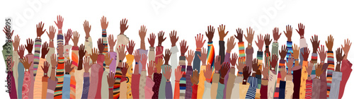 Isolated many raised hands and arms of African-American women.Female social community Black women.Equality Allyship. Black history month.Empowerment or inclusion. Racial equality. Equal