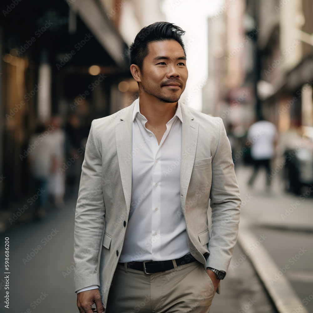 Asian man wearing a light grey blazer is photographed in an urban setting, generative AI, AI generated Generative AI Asian man wearing a light grey blazer is photographed in an urban setting, generative AI, AI generated Generative AI