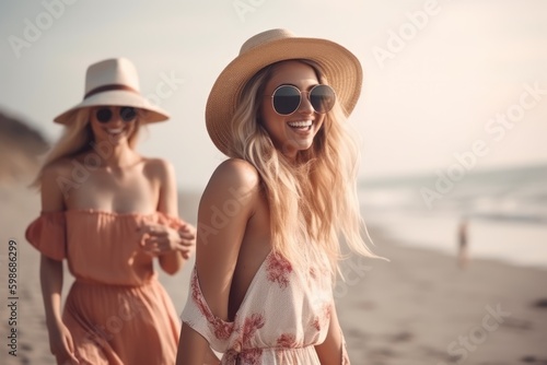 beautiful young women in sunglasses and hats walking on beach and smiling, Generative AI