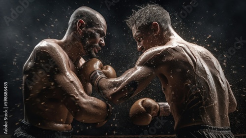 Two professional boxers fighting in the ring on a dark background. Generative AI