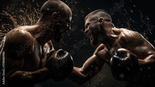 Two professional mma fighters fighting with boxing gloves and water splash on black background. Generative AI photo