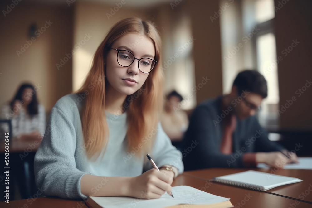 Serious female student writing in notebook while sitting at table in classroom, Generative AI Serious female student writing in notebook while sitting at table in classroom, Generative AI