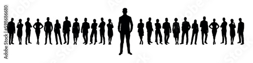 Businessman standing in front of large group of business people silhouette.
