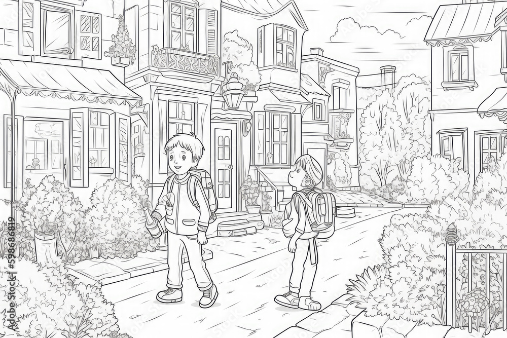 coloring page of two boys with backpacks walking down the street full of flowers. Ai generative