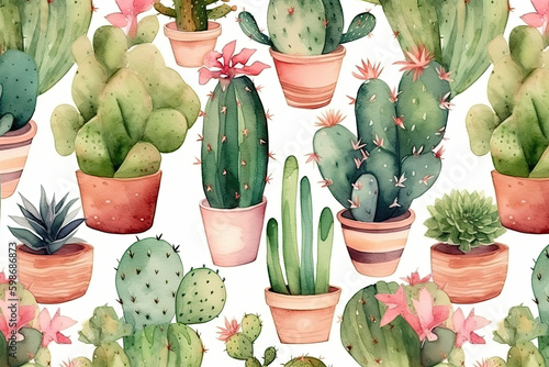 Cacti seamless pattern. Watercolor cacti pattern for wrapping paper or scrapbooking.Ai generative