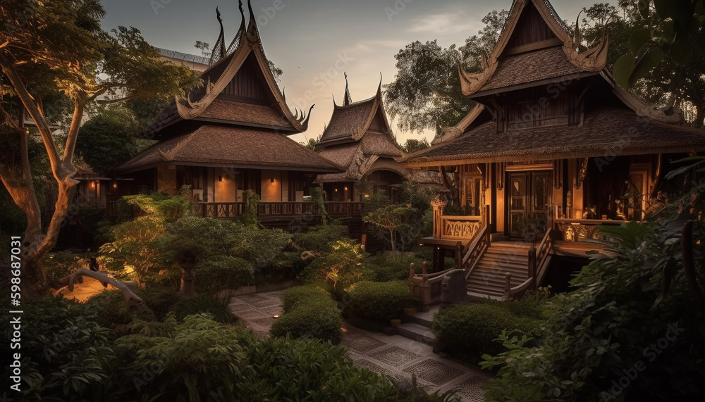 Ancient pagoda roof decoration, praying in nature generated by AI Ancient pagoda roof decoration, praying in nature generated by AI