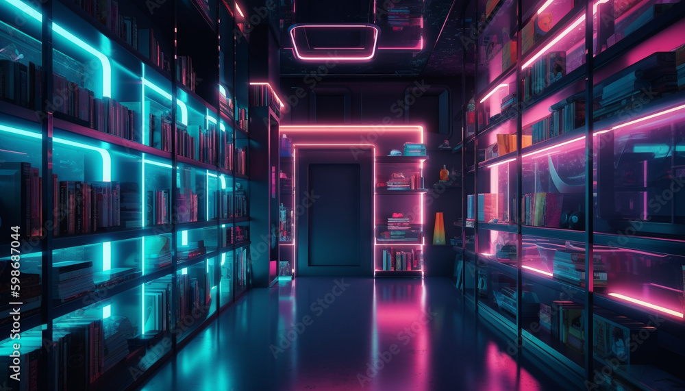 Futuristic library with glowing bookshelves and mainframe generated by AI Futuristic library with glowing bookshelves and mainframe generated by AI