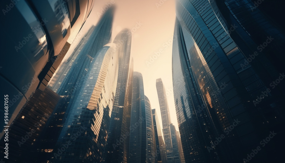 Futuristic skyscrapers illuminate the modern city skyline generated by AI