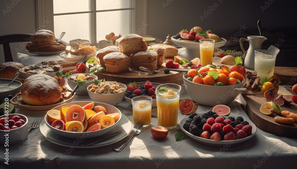 Fresh berry bowl on rustic wooden table generated by AI Fresh berry bowl on rustic wooden table generated by AI