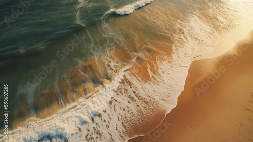 Aerial Drone view of beautiful beach. Top view on ocean waves and yellow sand beach. Copy space. Travel or Vacation banner background. Generative AI.