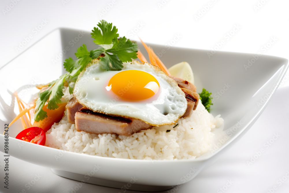 Com Tam, Vietnamese dish with broken rice served with grilled pork, pickled vegetables, and a fried egg, AI generative dish on white background Com Tam, Vietnamese dish with broken rice served with grilled pork, pickled vegetables, and a fried egg, AI generative dish on white background