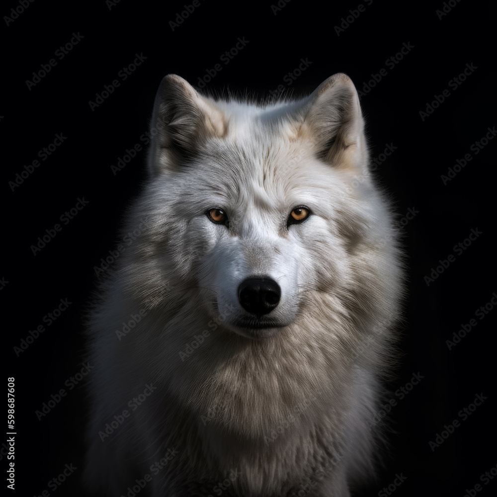 Gray wolf or canis lupus on black background. Wild wolf portrait on black background, Generative AI. Wolft portrait for zoo or background, design element.