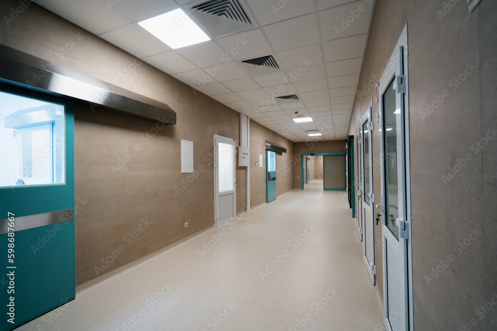 Hospital empty corridor Modern hospital automatic door entrance to the operating room