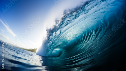 Perfect blue ocean Wave. Sea wave in crest shape. Barrel wave background for travel, vacation and serfer banner. Serfing background. Generative AI