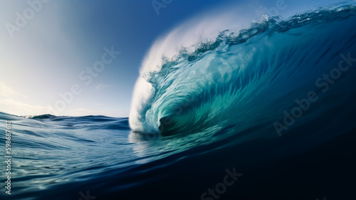 Perfect blue ocean Wave. Sea wave in crest shape. Barrel wave background for travel, vacation and serfer banner. Serfing background. Generative AI
