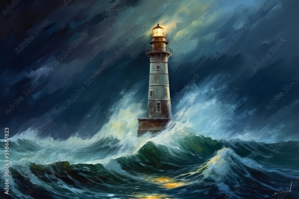Lighthouse at storms. Lighthouse standing on a rocky island at ocean storm. Ocean shore storm. Generative AI. Lighthouse at storms. Lighthouse standing on a rocky island at ocean storm. Ocean shore storm. Generative AI.