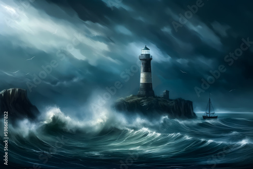 Lighthouse at storms. Lighthouse standing on a rocky island at ocean storm. Ocean shore storm. Generative AI.