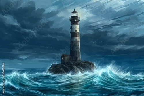 Lighthouse at storms. Lighthouse standing on a rocky island at ocean storm. Ocean shore storm. Generative AI.