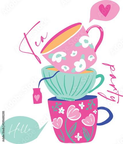 Print with tea cup and bubble speech for t-shirt, clothing, cards, message and more design.