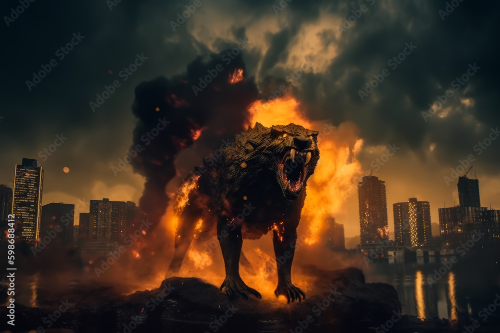 Mystical scandinavian beast wolf Fenrir destroying modern city. Fenrir start Ragnarok, fire and smoke clouds. North Mythology background, . - obrazy, fototapety, plakaty 