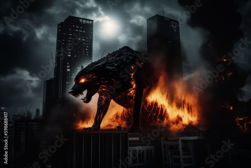 Mystical scandinavian beast wolf Fenrir destroying modern city. Fenrir start Ragnarok, fire and smoke clouds. North Mythology background, . photo