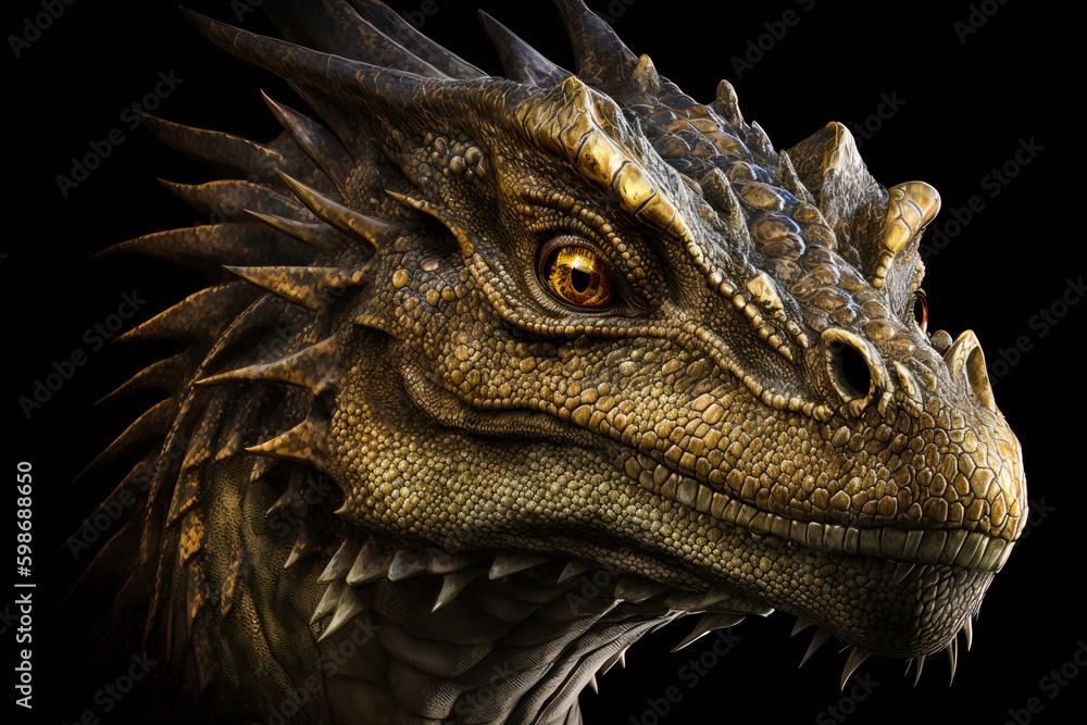 Dragon portrait on a black background. Gorgeous ancient dragon on black background. Dragons background. Fairy tale creature. Generative AI. Dragon portrait on a black background. Gorgeous ancient dragon on black background. Dragons background. Fairy tale creature. Generative AI.