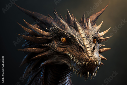 Dragon portrait on a black background. Gorgeous ancient dragon on black background. Dragons background. Fairy tale creature. Generative AI. © Sergie