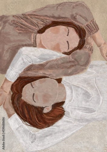 Sisterhood. Two abstract women are laying together. Abstract boho poster. Bohemian art print. Modern contemporary illustration for a poster or postcard
