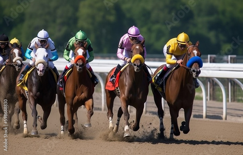 Horse racing jockeys riding horses on a race track, ai generative