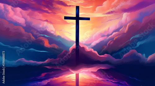 Jesus cross symbol on colorful clouds background. Colorful clouds background with Christian cross in the middle. Christian religion Cross on spiritual background.