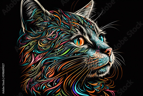 Colorful cat portrait on a white background, Generative AI. Multi color cat portrait as design element for domastic animals care or pure breed cats banner background and cards.