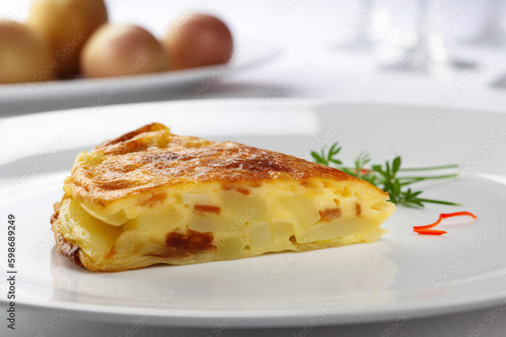 Tortilla de Papas - portion of potato omelette, AI generative traditional dish on white plate