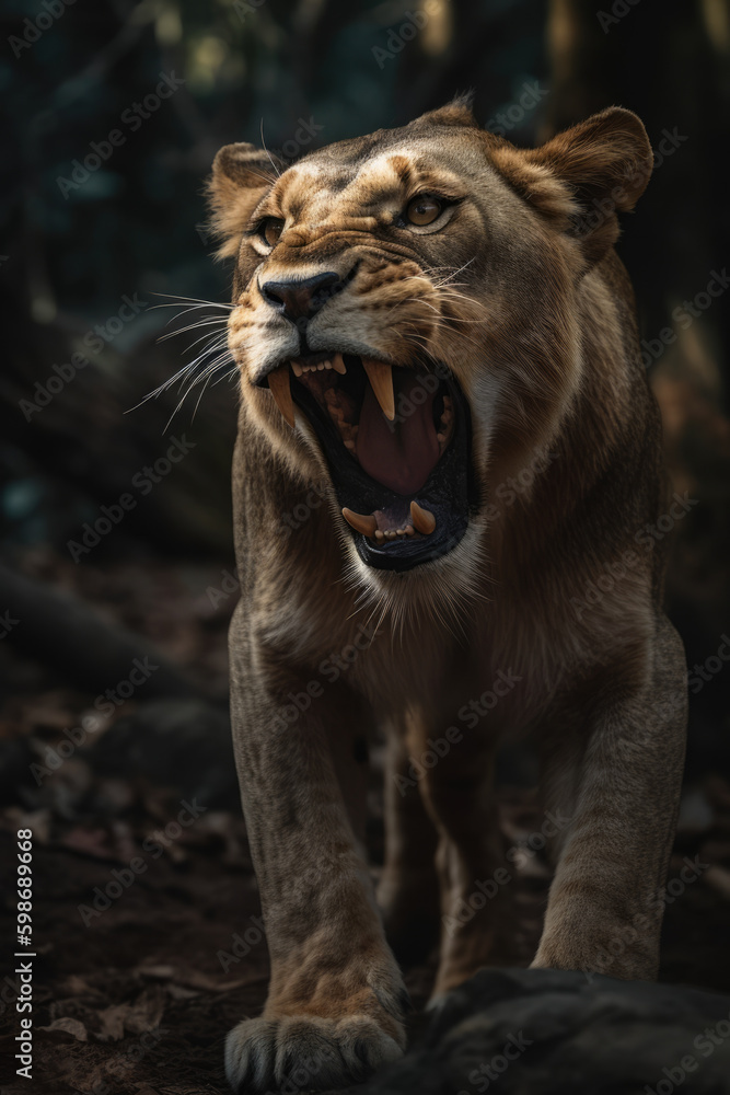 Fototapeta premium Wild lion roaring aggressively. Jungle forest savannah running generative ai
