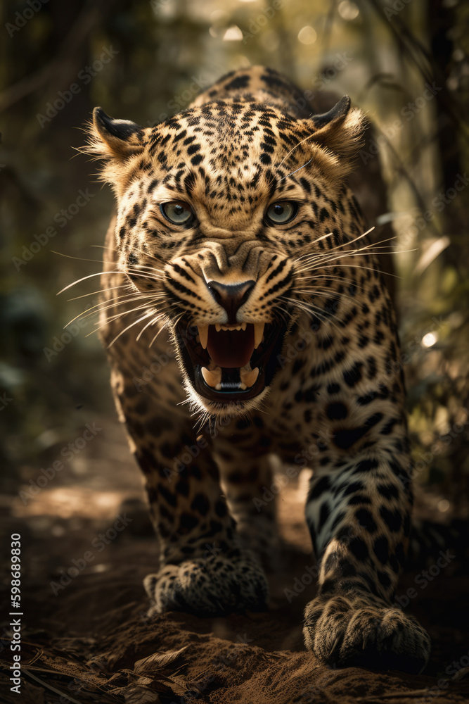 Fototapeta premium Wild Leopard panthera roaring aggressively. Jungle forest running generative ai