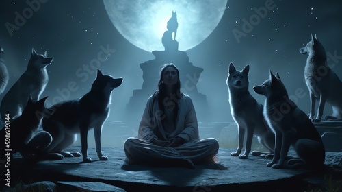 A woman shaman and wolves around
