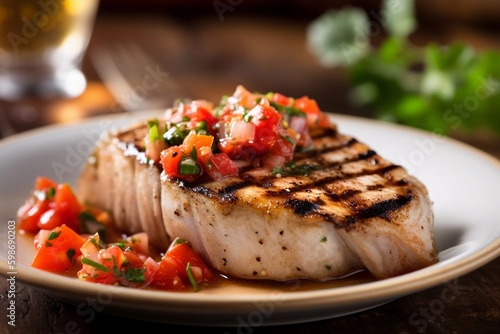 Close up of grilled swordfish with tomato-basil relish, created with Generative AI technology. photo