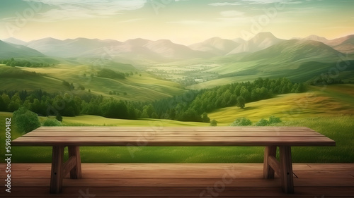 Wooden table with landscape of green hills  meadow and countryside  Bright color. Generative Ai