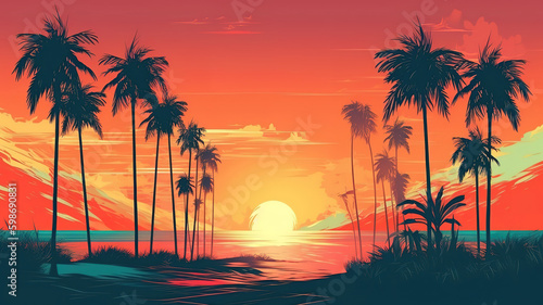 Palms and beach retro style  Bright color. Generative Ai