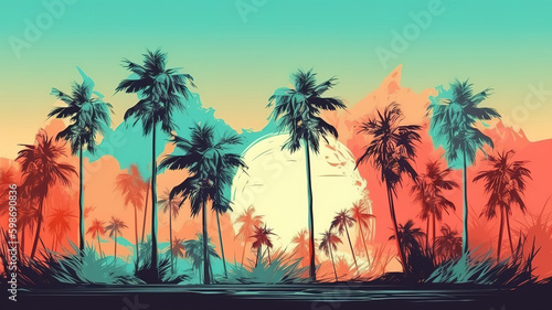 Palms and beach retro style  Bright color. Generative Ai