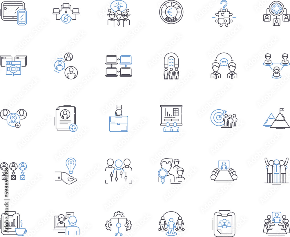 Board meeting line icons collection. Agenda, Quorum, Minutes, Bylaws, Governance, Attendance, Resolutions vector and linear illustration. Chairman,Secretary,Motions outline signs set Generative AI