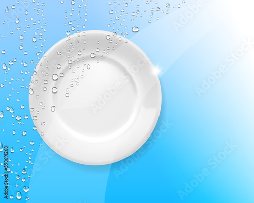 White clean wet plate and water drops. Dishwashing background. Vector 3d illustration.