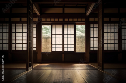 Engawa house  Japanese style. Empty room with wooden floors and traditional windows. AI generative.
