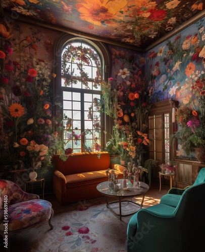 Room full of Flowers Rainbow Colorful Parlor Sitting Room Sunroom Generative AI