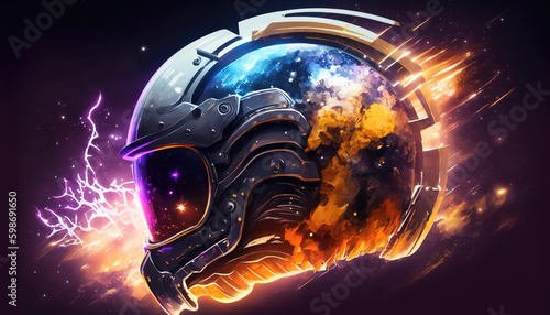 an impressive burning helmet in space, marketing inspired artwork, generative ai technology