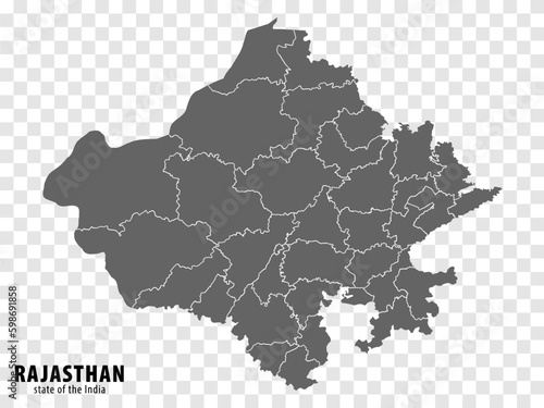 Blank map State Rajasthan of India. High quality map Rajasthan with municipalities on transparent background for your web site design, logo, app, UI. Republic of India. EPS10.