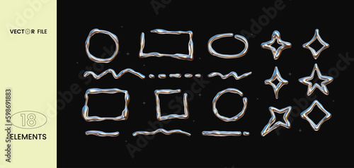 Vector illustration - Set of chrome Y2K elements. Trendy shapes with  glossy liquid metal effect. Great for your design web or print projects.