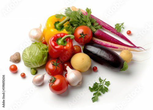 Mix of fresh and juicy vegetables healthy vegan food with vitamins and minerals with white background Generative AI Illustration