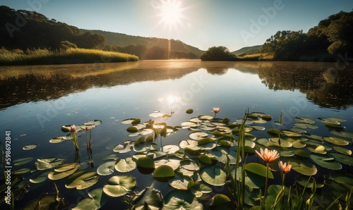 Photographie the sun is shining over a lake with water lillies