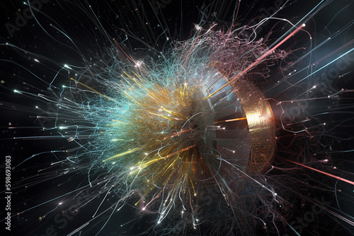 Science and technology concept. God particle or Higgs boson illustration during atoms collision. Generative AI
